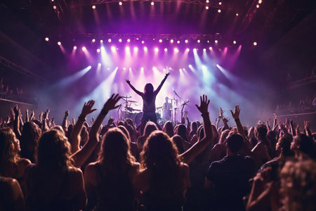 Crowd at concert with hands raised up in front of stage lightsの素材