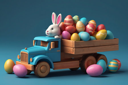 Easter bunny with wooden cart full of colorful eggs on blue backgroundの素材