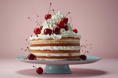 Cake with cherries and whipped cream on a pink background.の素材