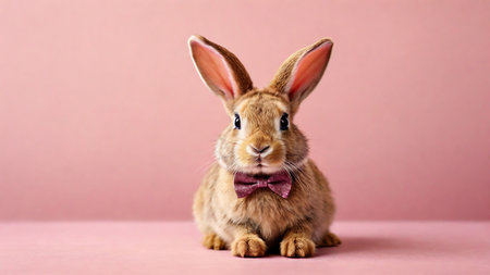 Cute little rabbit with bow tie on pink background, easter conceptの素材