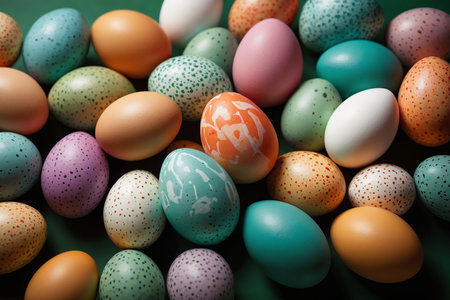 Colorful patterned eggs on a green background, Easter celebration with art and tradition.の素材