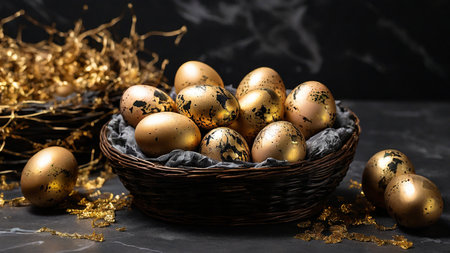 Golden eggs nestled in a dark wicker basket on a black marbled background with luxurious gold streaksの素材