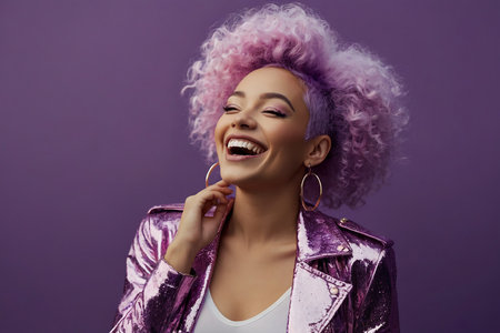 Portrait of a beautiful young African American woman with purple hair in a purple jacketの素材