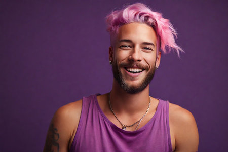 Portrait of a smiling young man with pink hair on purple backgroundの素材