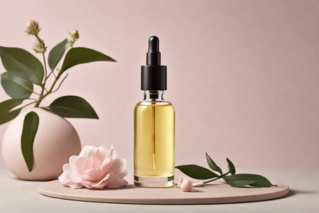Bottle of essential oil with rose flower on light background, closeupの素材