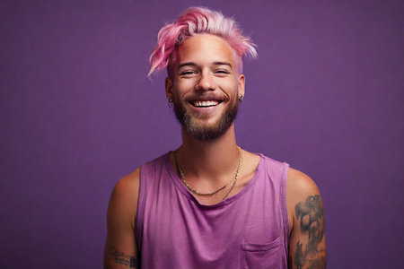 Portrait of a smiling young man with pink hair on a purple backgroundの素材