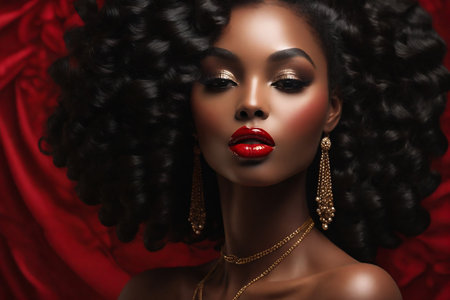 Beautiful black woman glossy red lips, close-up, black skin, radiating timeless elegance and sophisticationの素材