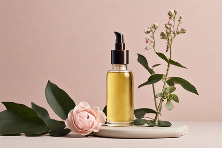 bottle of cosmetic oil with rose flower on a beige backgroundの素材