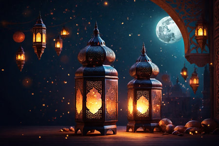 Ramadan Kareem greeting card with beautiful arabic lanternsの素材