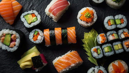 Sushi set on a black background. Sushi rolls with salmon, tuna, avocado, cucumber, wasabi and ginger.の素材