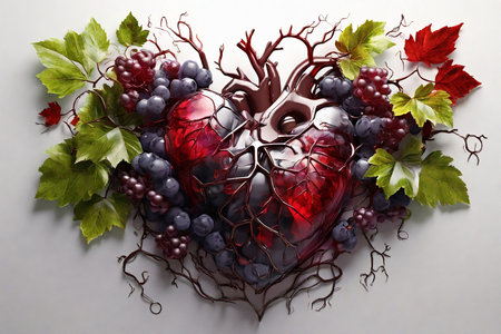 Heart made of grapes and leaves on a white background, top viewの素材