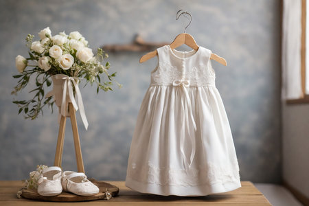 Luxury white dress for a little girl for baptism hunger on a wooden hanger on a room displayの素材