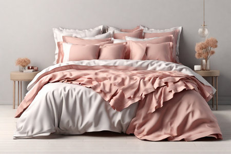 Stylish bedroom interior with pink pillows on bed, 3d renderの素材