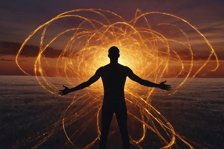 The silhouette of a person stands with arms outstretched, encompassed by swirling energy fields, against the backdrop of sunsetの素材