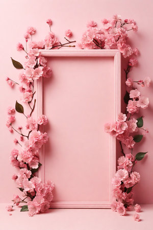 Beautiful pink sakura flowers and frame on color background, flat layの素材