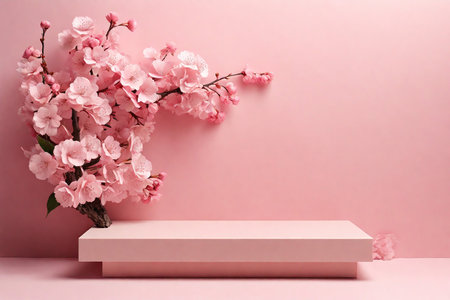 Wooden podium with cherry blossom branches on pink background. Mockup for product presentationの素材