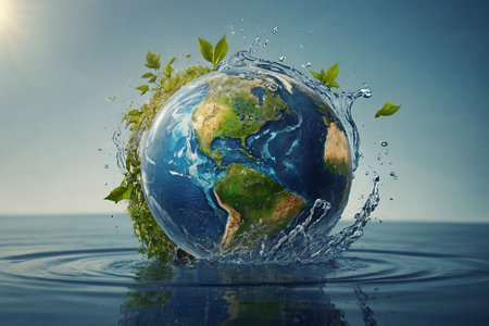 Ecology concept. Earth planet in water with green sprouts.の素材