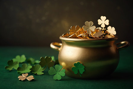 Pot of gold coins for St. Patrick's Day on dark backgroundの素材
