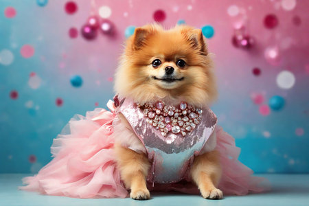 Cute pomeranian dog in princess dress on bokeh backgroundの素材