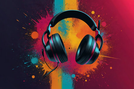 Headphones with colorful splashes on grunge background. Music conceptの素材