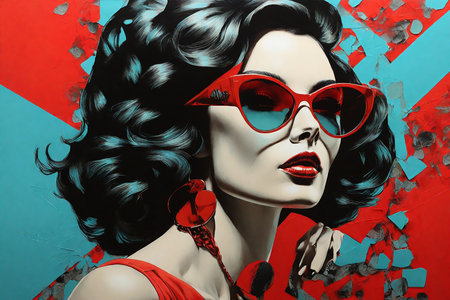 Pop art style portrait of a woman combining retro and futuristic elements.の素材