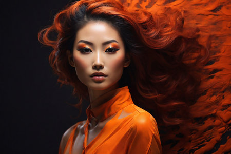 Portrait of a beautiful Asian woman with red hair in orange clothesの素材