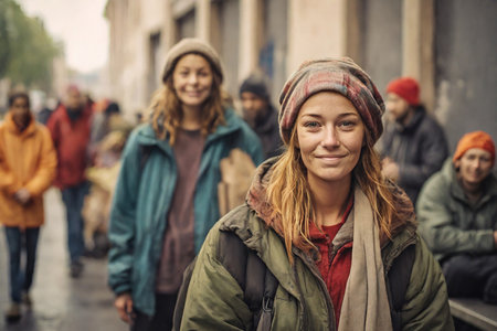 Homeless woman on the street surrounded by other peopleの素材