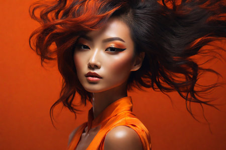Beautiful young Asian woman with flying hair on orange background.の素材