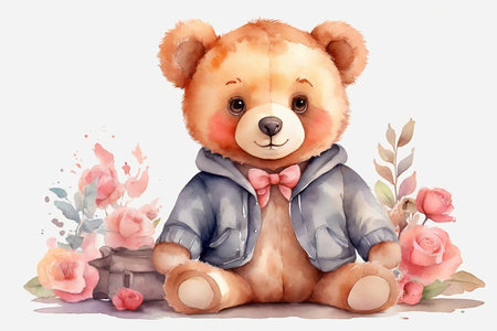 Cute teddy bear with flowers on white background. Watercolor illustrationの素材