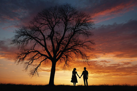 Silhouette of a couple in love at sunset over a treeの素材