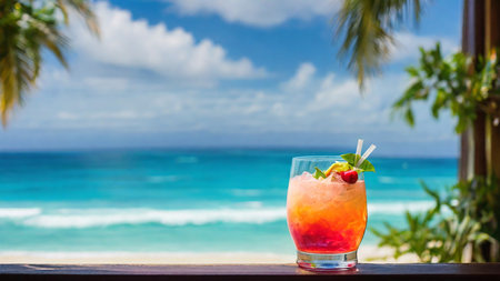 Cocktail on a tropical beach with turquoise water and palm treesの素材
