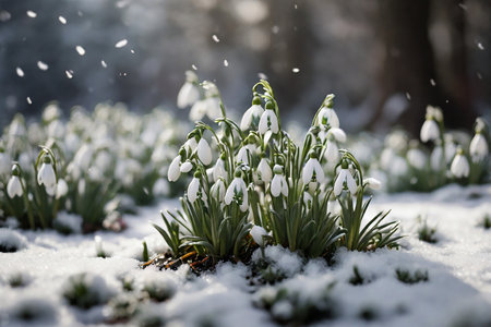 Snowdrop flowers blooming in the forest. Early spring in Europe.の素材