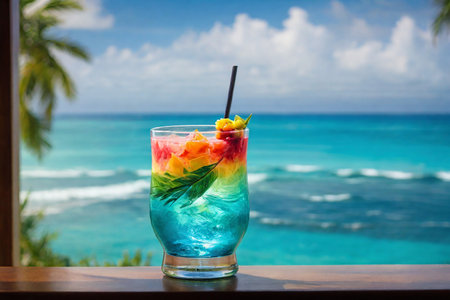 Tropical cocktail on the background of the turquoise seaの素材