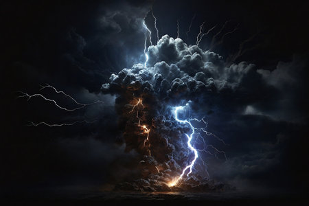 Lightning in the night sky. Thunderstorm. 3D renderingの素材