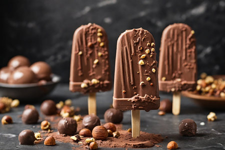 Chocolate ice cream popsicles with nuts and cocoa on dark backgroundの素材
