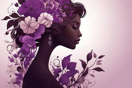 Elegant profile of a female silhouette, decorated with purple floral elements. International Women's Day concept.の素材