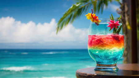 Colorful tropical cocktail on the beach with sea and sky background.の素材