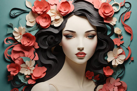 Portrait of a beautiful young woman with long black hair and red flowers.の素材