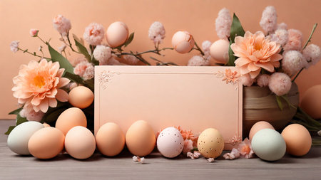 Beautiful easter card with copy space flowers and easter eggs in peach fuzz colorsの素材
