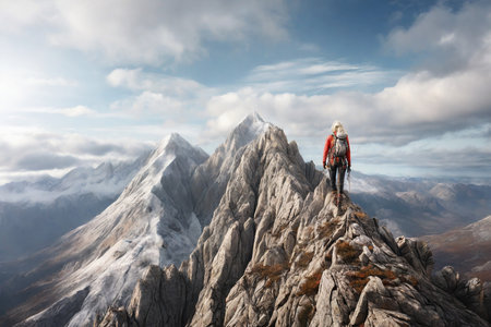 Hiker with backpack standing on top of mountain and enjoying valley viewの素材