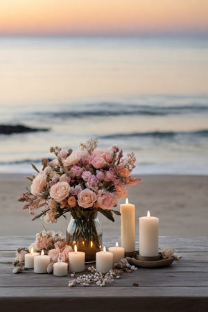 Beautiful wedding bouquet with candles on the beach at sunset.の素材