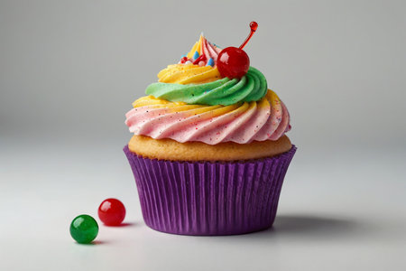 Cupcake with cherry and marmalade on a gray backgroundの素材
