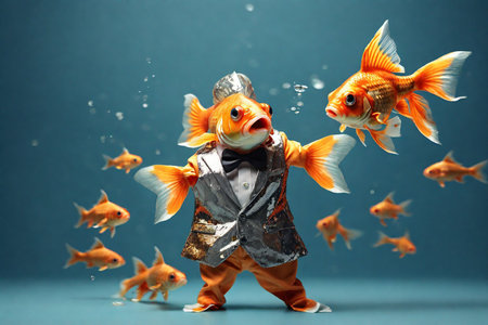Funny goldfish in a suit of a clown. Conceptual photo.の素材