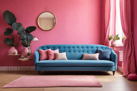 Interior of living room with blue sofa and pink wall. 3d renderの素材