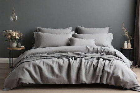 Gray pillows on bed in modern bedroom interior. 3d renderの素材