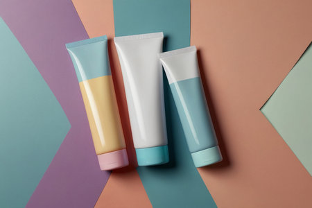 Cosmetic tubes on a colored background. Top view, flat layの素材