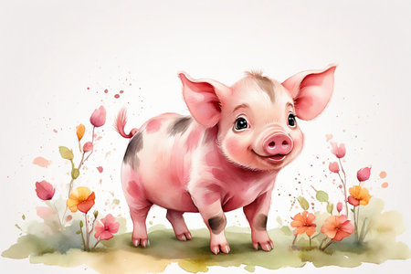 Cute pig with flowers on white background. Watercolor painting.の素材