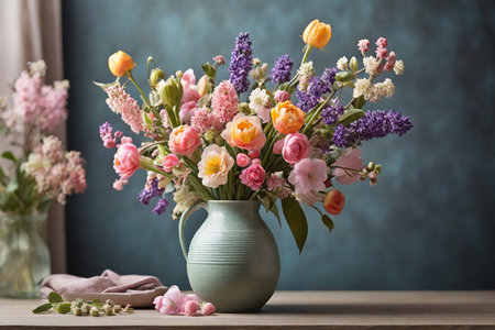 Bouquet of colorful spring flowers in vase on wooden tableの素材