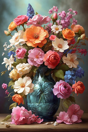 Bouquet of colorful spring flowers in a blue vase digital art.の素材