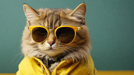 Cute cat wearing yellow sunglasses on color background, closeup.の素材